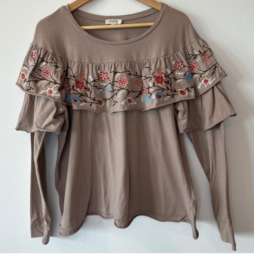 Umgee Boho Floral Embroidered Ruffle Long Sleeve Top Taupe Brown Size M G1235